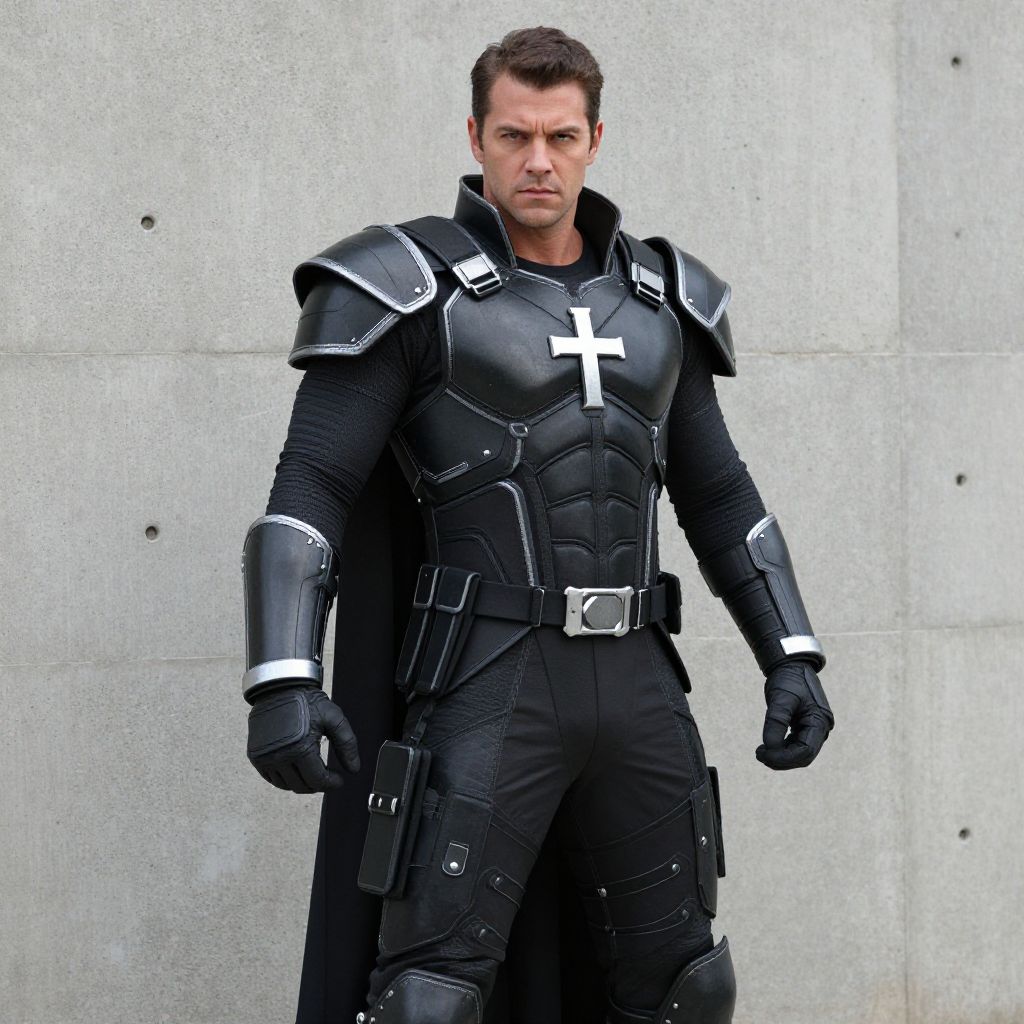 Man in Futuristic Black Armor with Cross Standing Against Concrete Wall