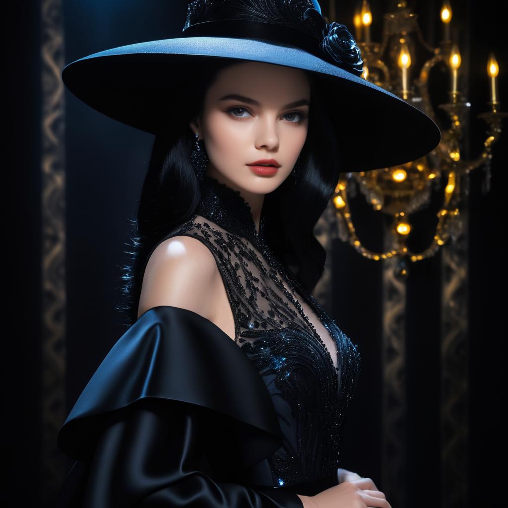 Elegant Woman in Black Gown and Hat