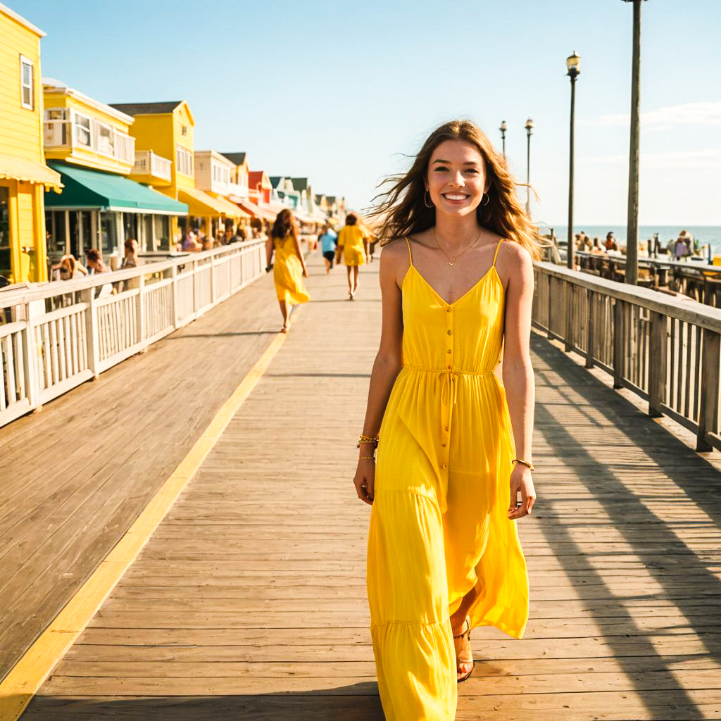 Cheerful woman in yellow dress on vibrant boardwalk