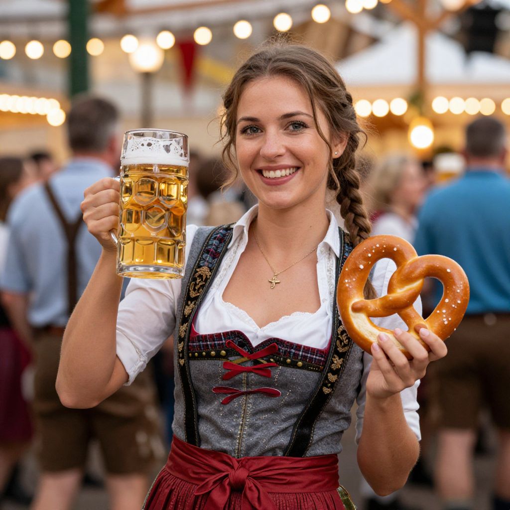 Bavarian Woman Celebrating Beer Festival with Beer Mug and Pretzel