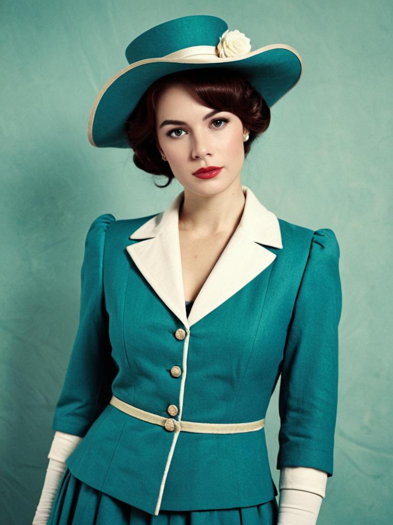 Vintage-Inspired Teal Lady Costume With Classic Hat Woman Cosplay