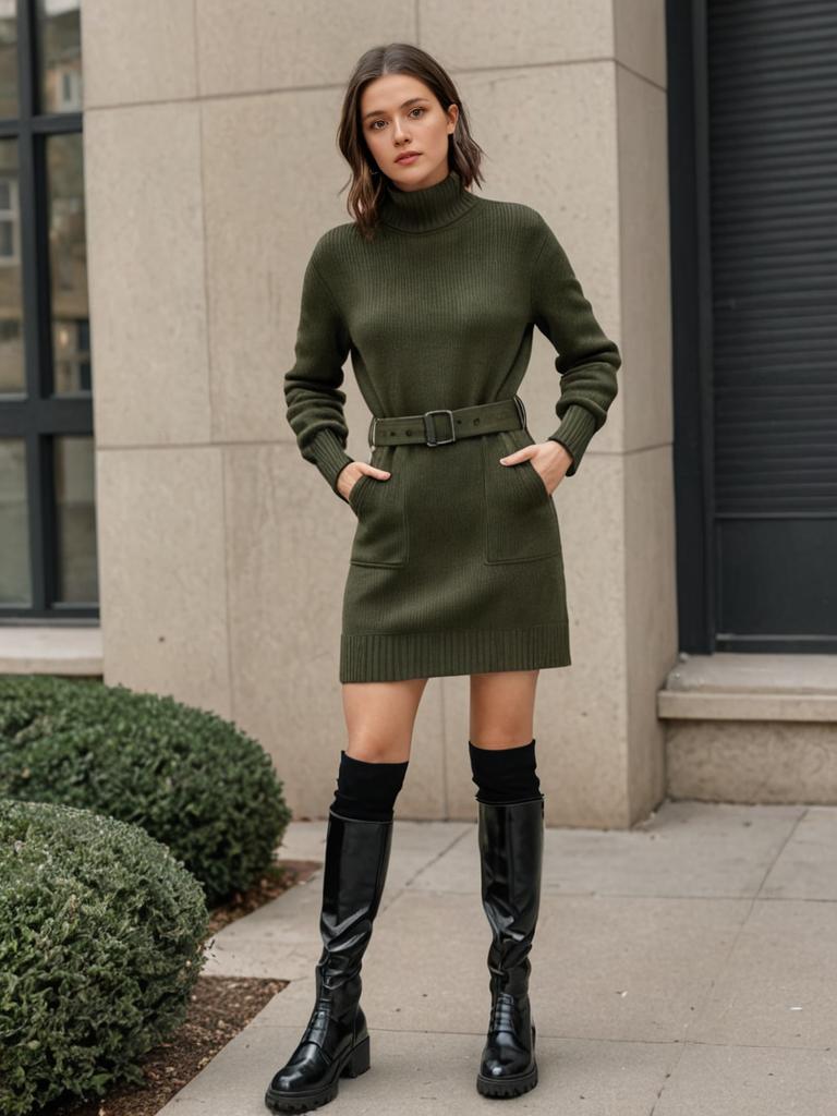 Chic Woman in Green Sweater Dress with Black Boots