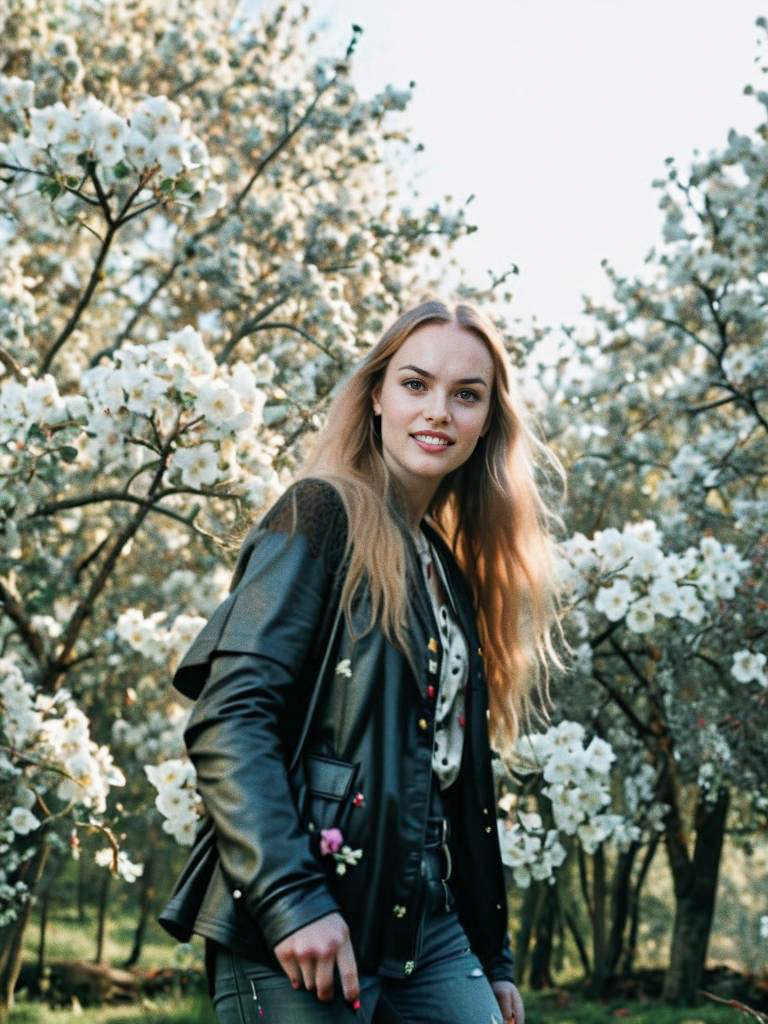 Joyful Young Woman in Leather Jacket Amid Blossoming Trees