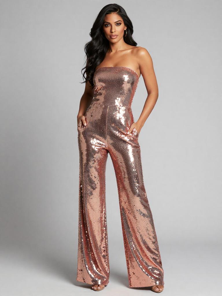 Rose Gold Sequin Strapless Jumpsuit for Women