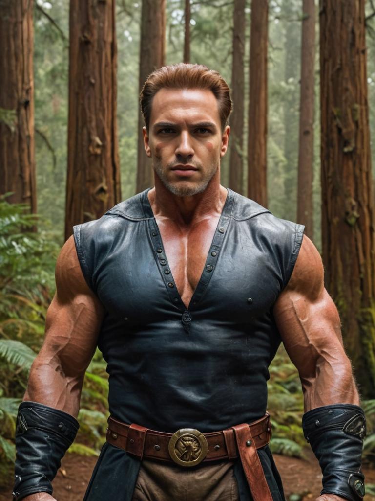 Arnold Schwarzenegger as Kratos in a Misty Forest