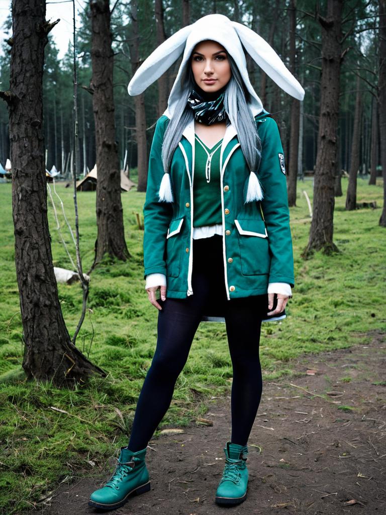 Woman Wearing Bunny-Eared Hood and Green Jacket in Forest