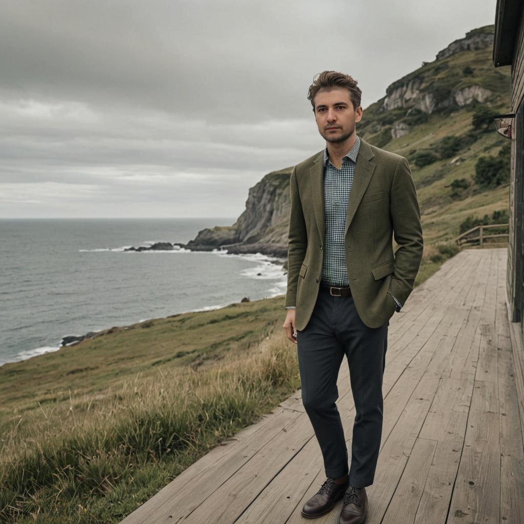 Man in Green Blazer on Coastal Deck