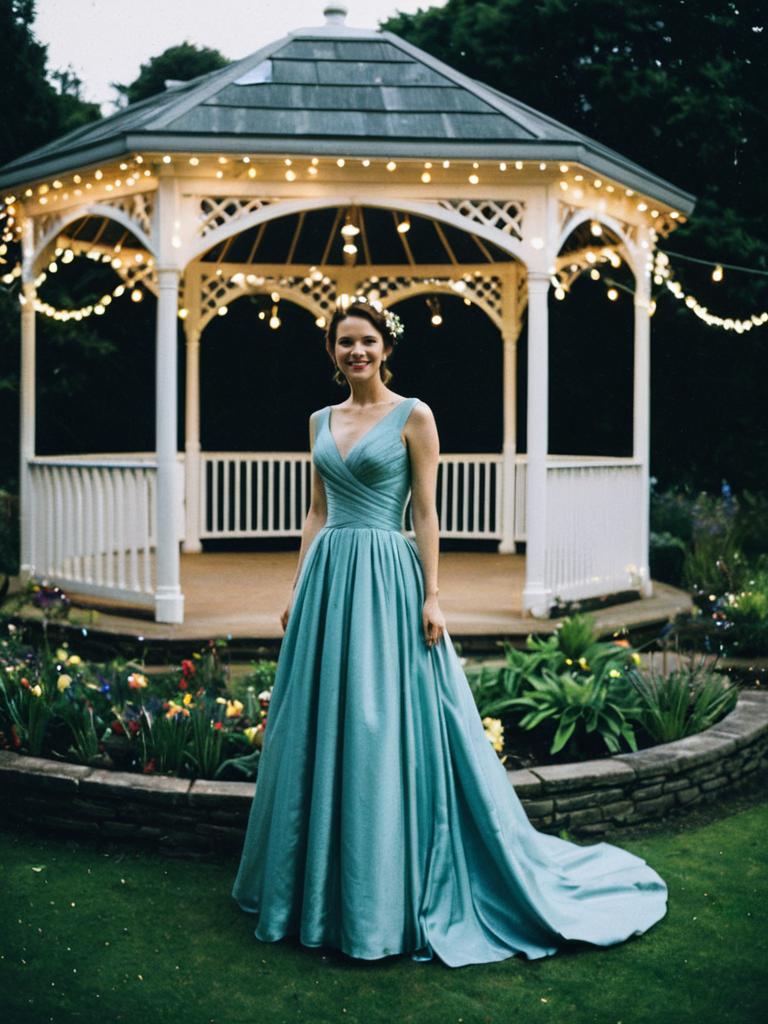 Elegant Woman in Teal Gown by Lighted Garden Gazebo