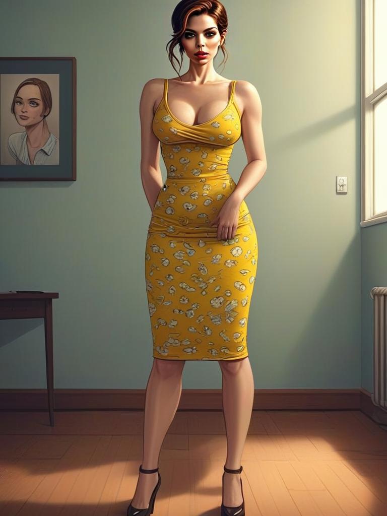 Digital Illustration of Woman in Yellow Floral Dress Standing in Sunlit Room