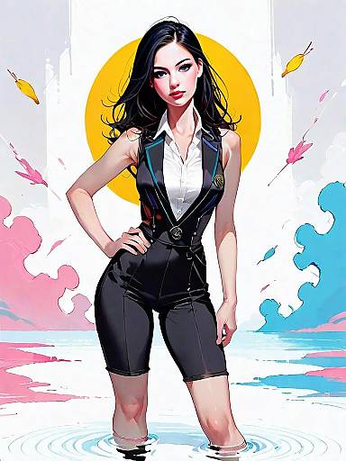 Chic Woman Standing in Water with Stylized Comic Realistic Art