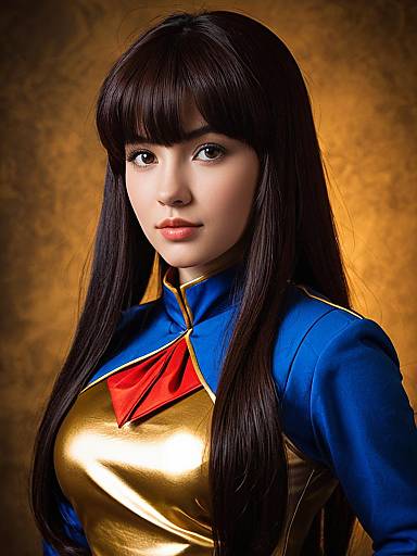 Realistic Lynn Minmay Cosplay Woman in Blue and Gold Anime Costume