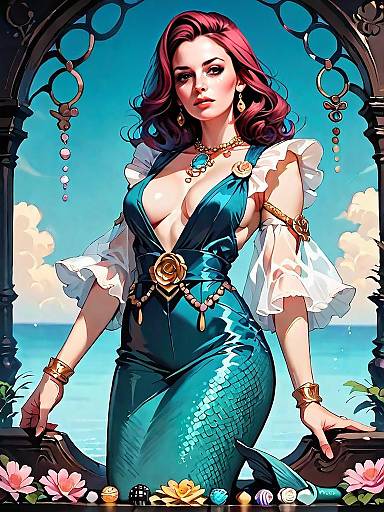 Realistic Woman in Sophisticated Plunging Neckline Mermaid Dress by the Sea