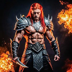 Muscular Warrior in Metallic Armor Against Flames