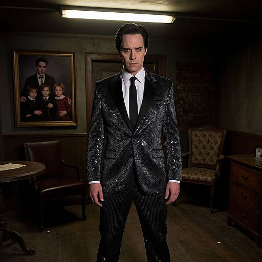 Man in Black Sequined Tuxedo in Vintage Gothic Room