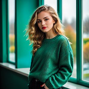 Young Woman in Green Sweater by Window