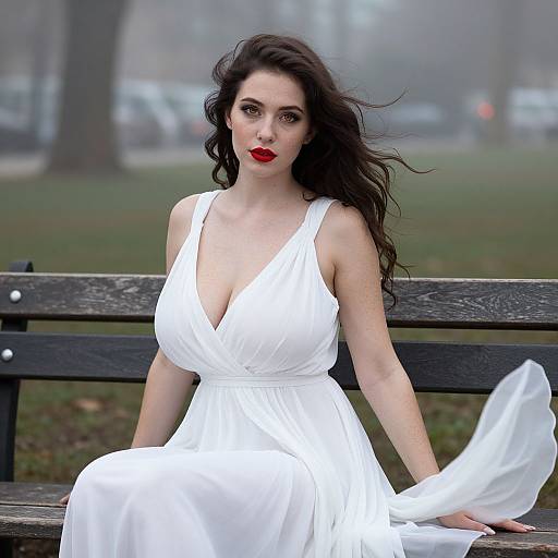 Elegant Woman in White Dress Sitting on Park Bench with Foggy Background