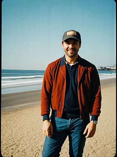 Casual Summer Beach Portrait of Man in Red Jacket and Cap