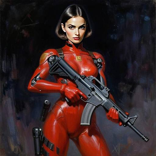 Futuristic Woman in Red Armored Suit Holding Assault Rifle Digital Artwork