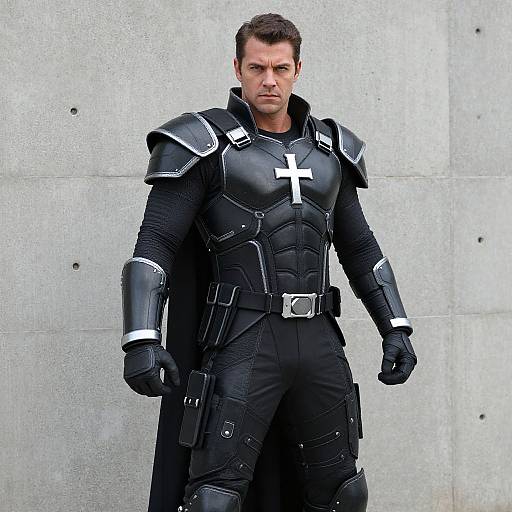 Man in Futuristic Black Armor with Cross Standing Against Concrete Wall