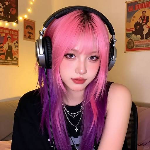 Young Woman with Pink and Purple Hair Wearing Headphones Indoors