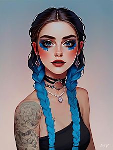 Portrait of a Young Woman with Blue Braided Hair and Bold Makeup