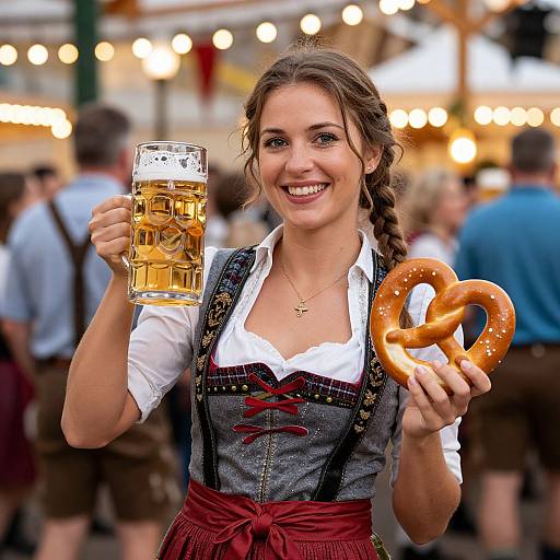 Bavarian Woman Celebrating Beer Festival with Beer Mug and Pretzel