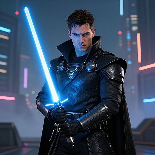 Futuristic Man with Blue Lightsaber in Neon Cyberpunk City