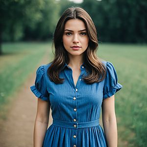 Young Woman in Blue Midi Dress Outdoors