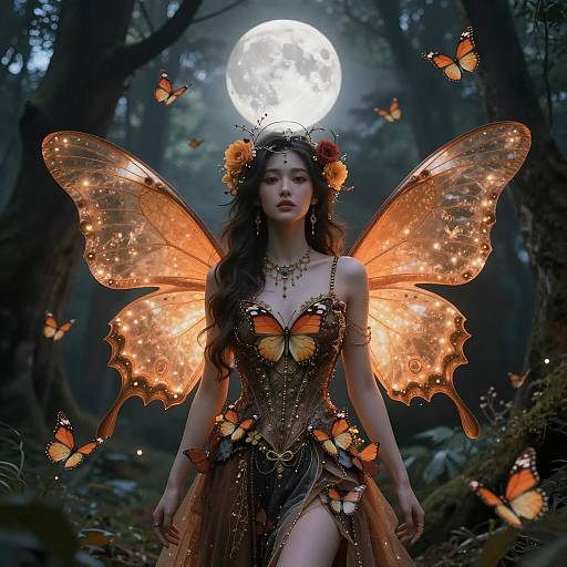 Mystical Woman with Glowing Butterfly Wings in Enchanted Moonlit Forest