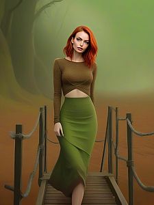 Striking Woman with Red Hair on Misty Bridge