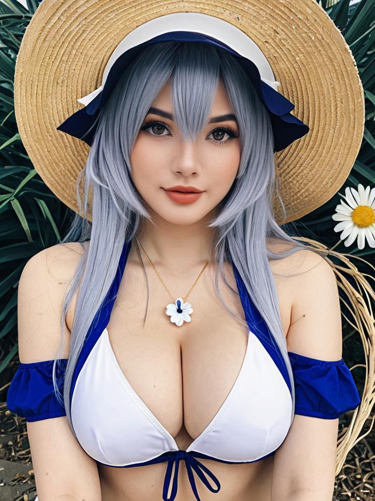 Algerie Azur Lane Cosplay Woman in Blue White Bikini and Straw Hat