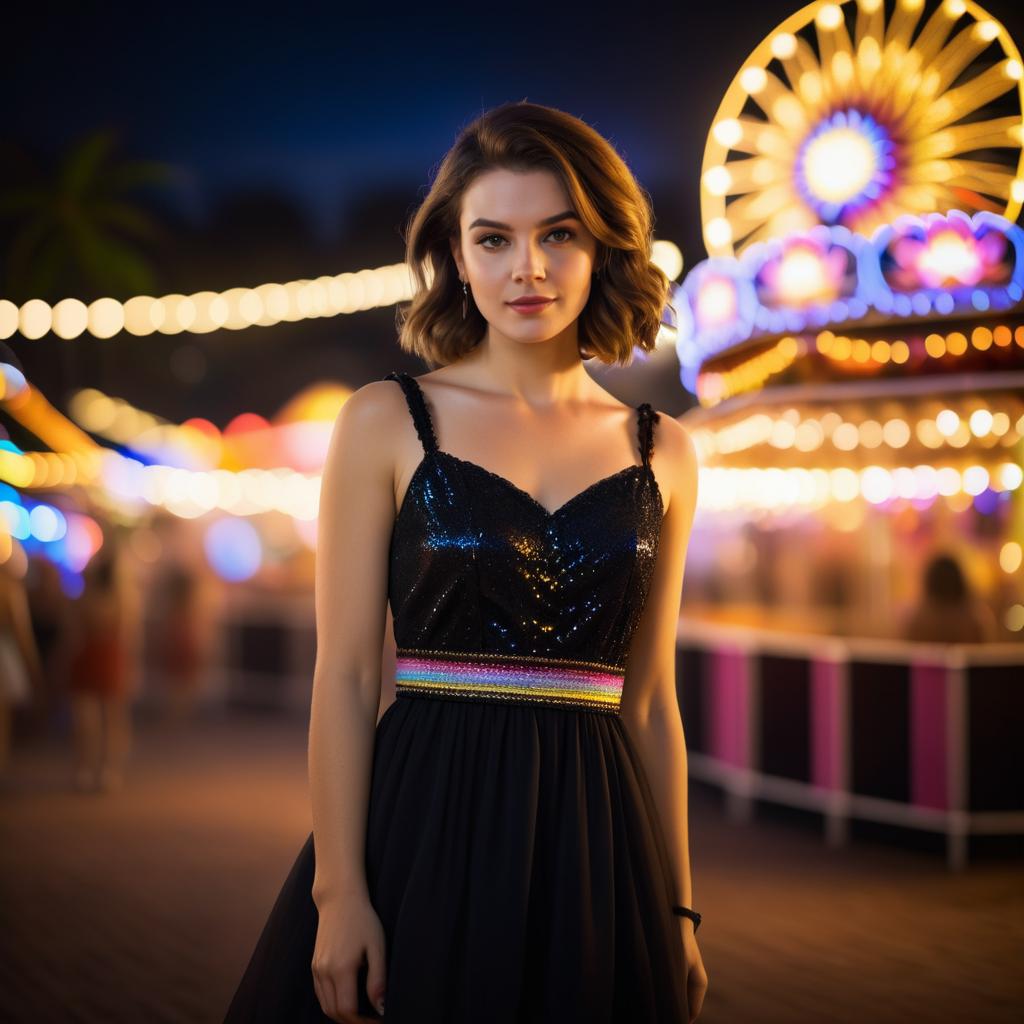 Elegant Woman in Black Dress at Carnival