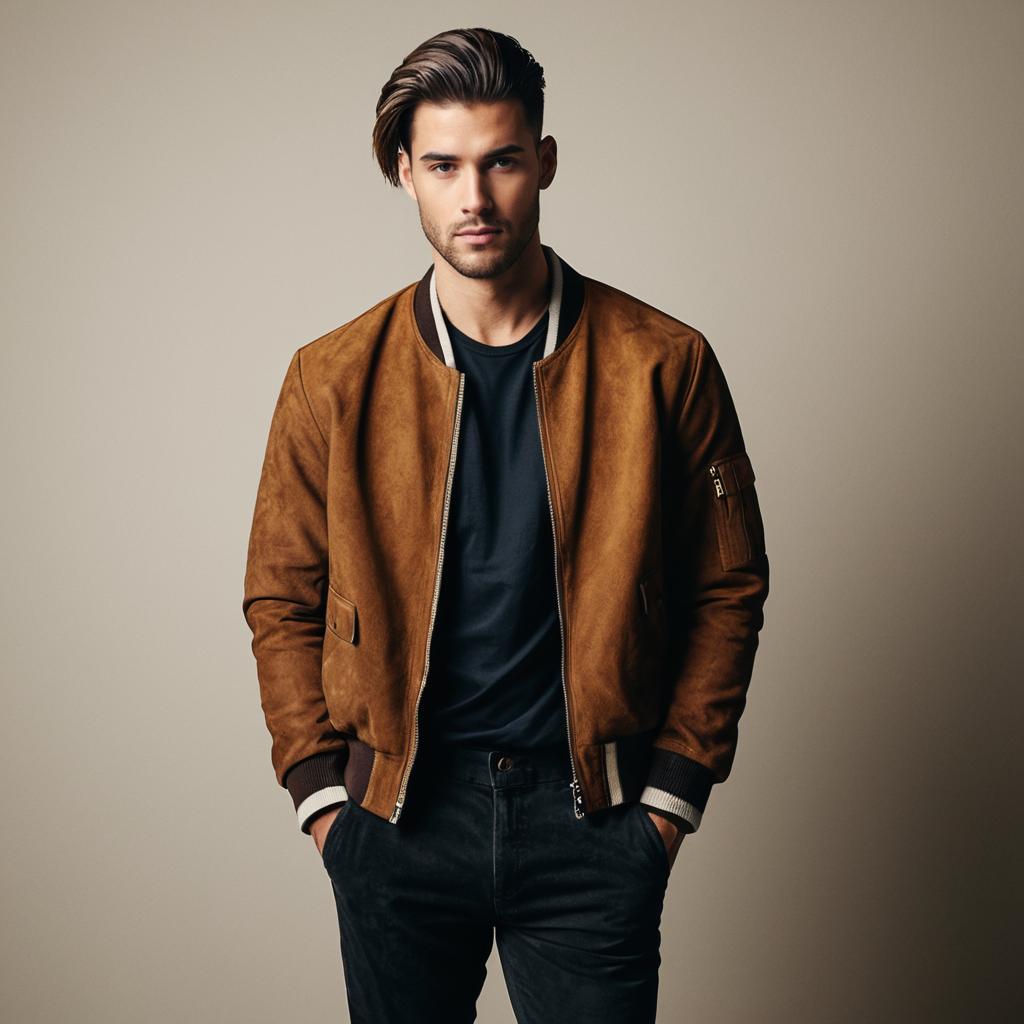 Stylish Young Man in Brown Suede Bomber Jacket