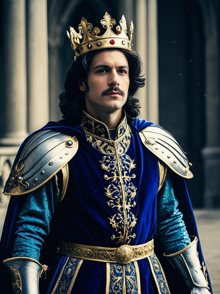 Man in Royal Fantasy Prince Costume with Crown and Armor Cinematic Realism