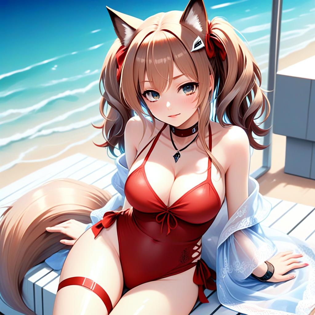 Anime Woman with Fox Ears in Red Swimsuit by the Beach - Arknights Style
