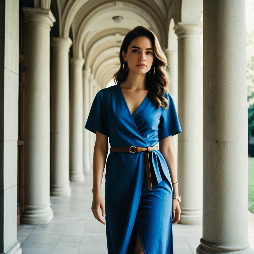 Fashionable Woman in Blue Wrap Dress
