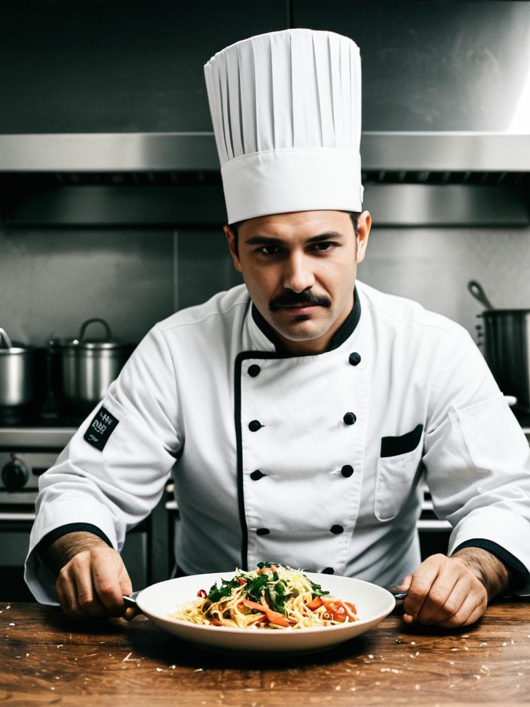Professional Male Chef in Classic Uniform Presenting Pasta Dish in Modern Kitchen