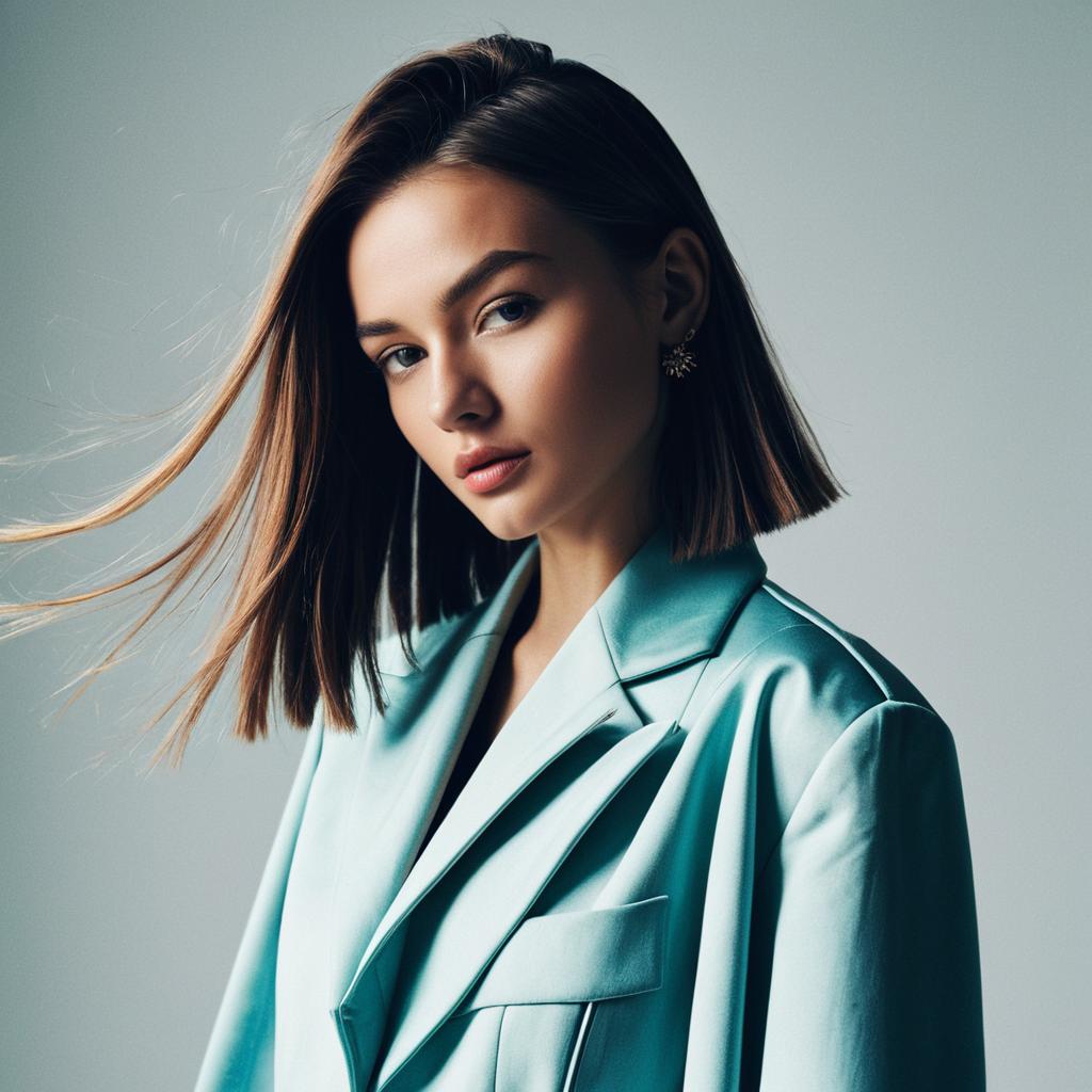 Elegant Young Woman in Light Blue Satin Blazer Fashion Portrait