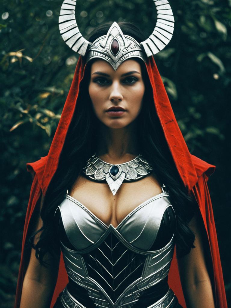 Woman in Lilith Goddess Costume with Silver Horned Crown and Red Cloak Waist-Up Portrait