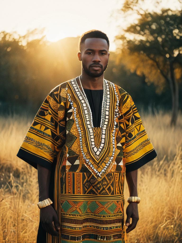 Man in African Dashiki Outfit Photorealistic Outdoor Portrait at Golden Hour