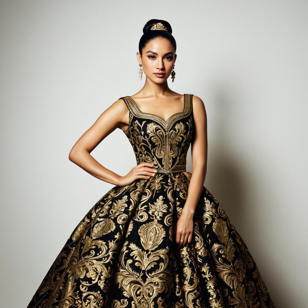 Elegant Woman Wearing Black and Gold Embroidered Ball Gown with Regal Accessories