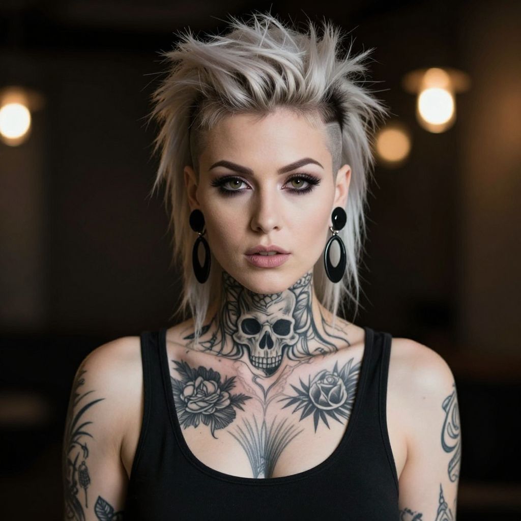 Edgy Woman with Spiked Blonde Hair and Intricate Skull Tattoos