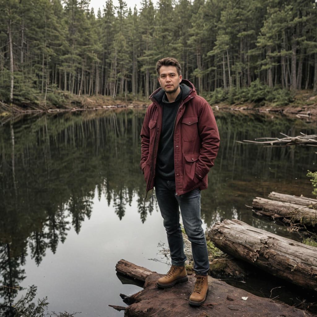 Confident Man on Log by Forest Lake