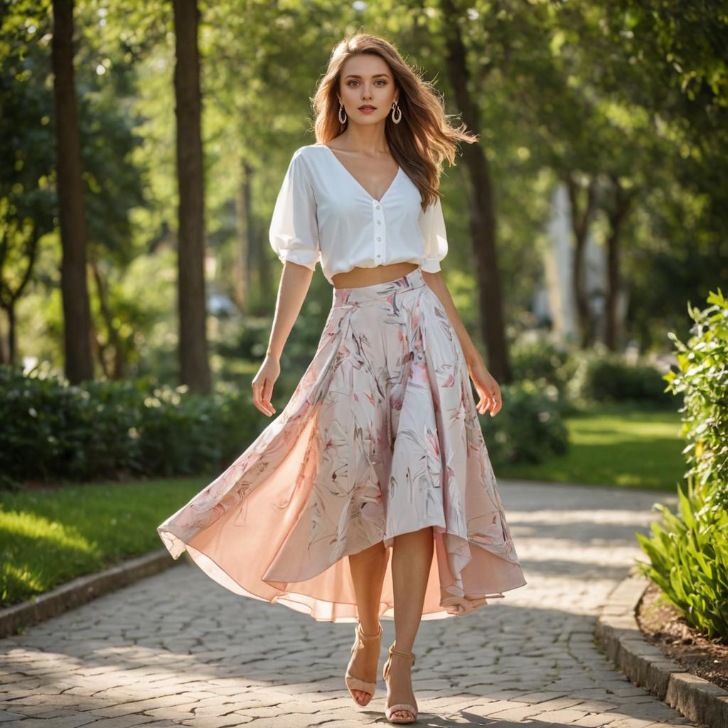 Stylish woman in botanical print skirt and white blouse