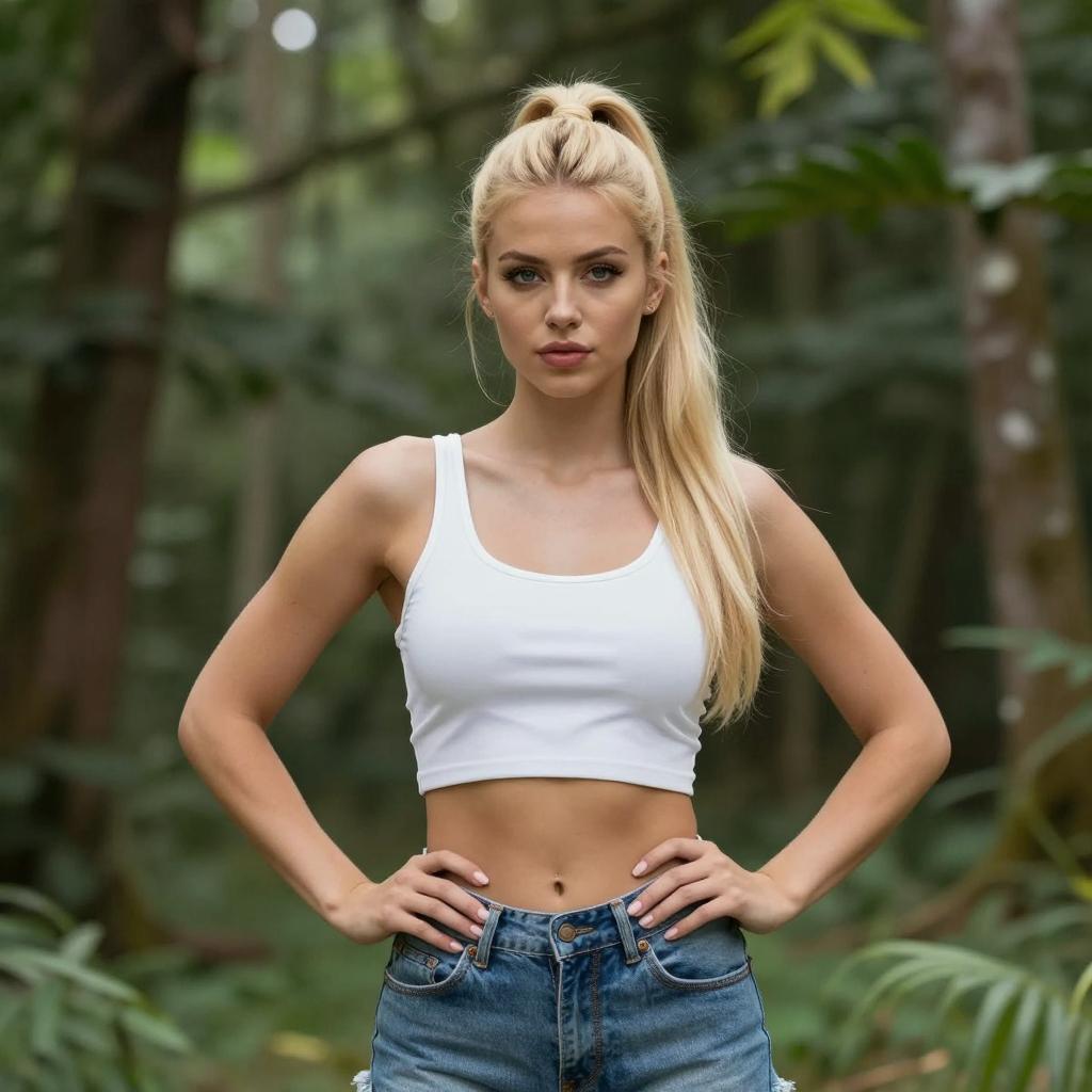 Confident Blonde Woman Wearing White Crop Top and Denim Jeans Outdoors