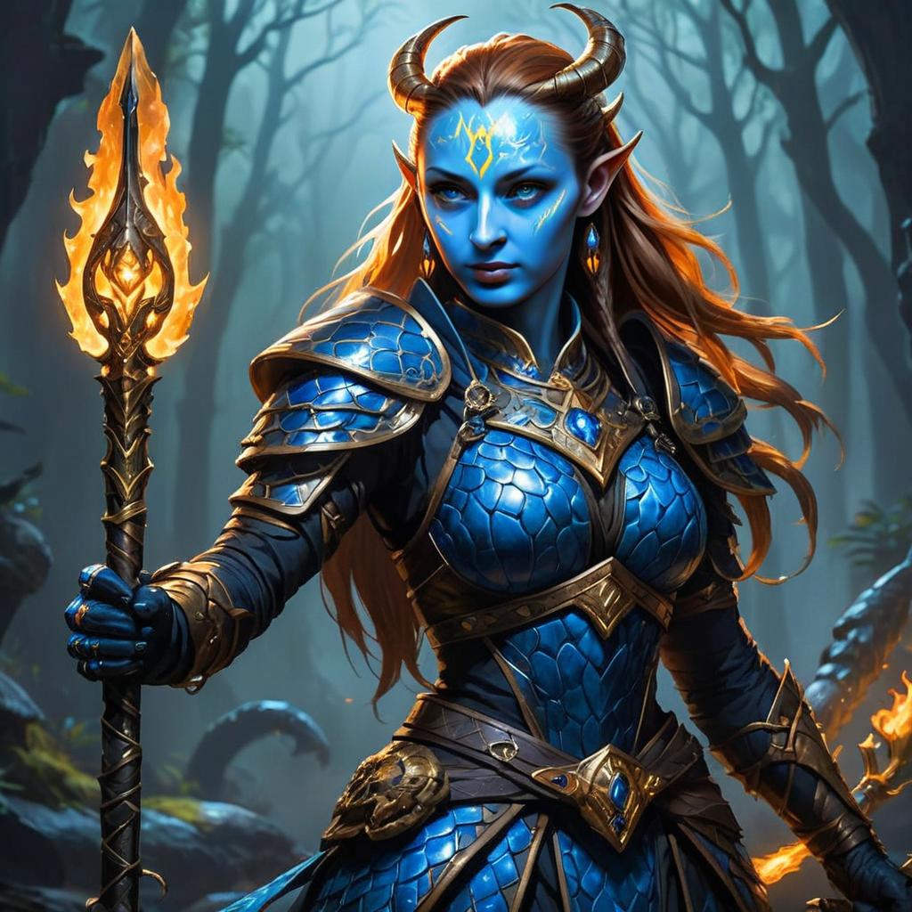 Blue Horned Female Warrior in Fantasy Armor with Flaming Spear