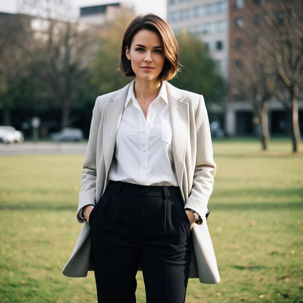 Confident Woman in Formal Attire Outdoors