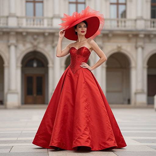 Elegant Woman in Red Ball Gown and Wide-Brimmed Hat in Luxurious Outdoor Setting