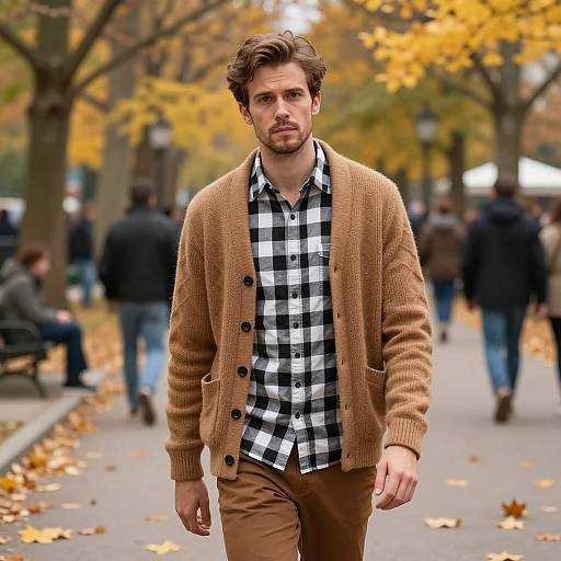Young Man Wearing Beige Cardigan and Checkered Shirt Walking in Autumn Park