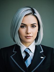 Confident Woman in Business Suit with Silver-Gray Bob